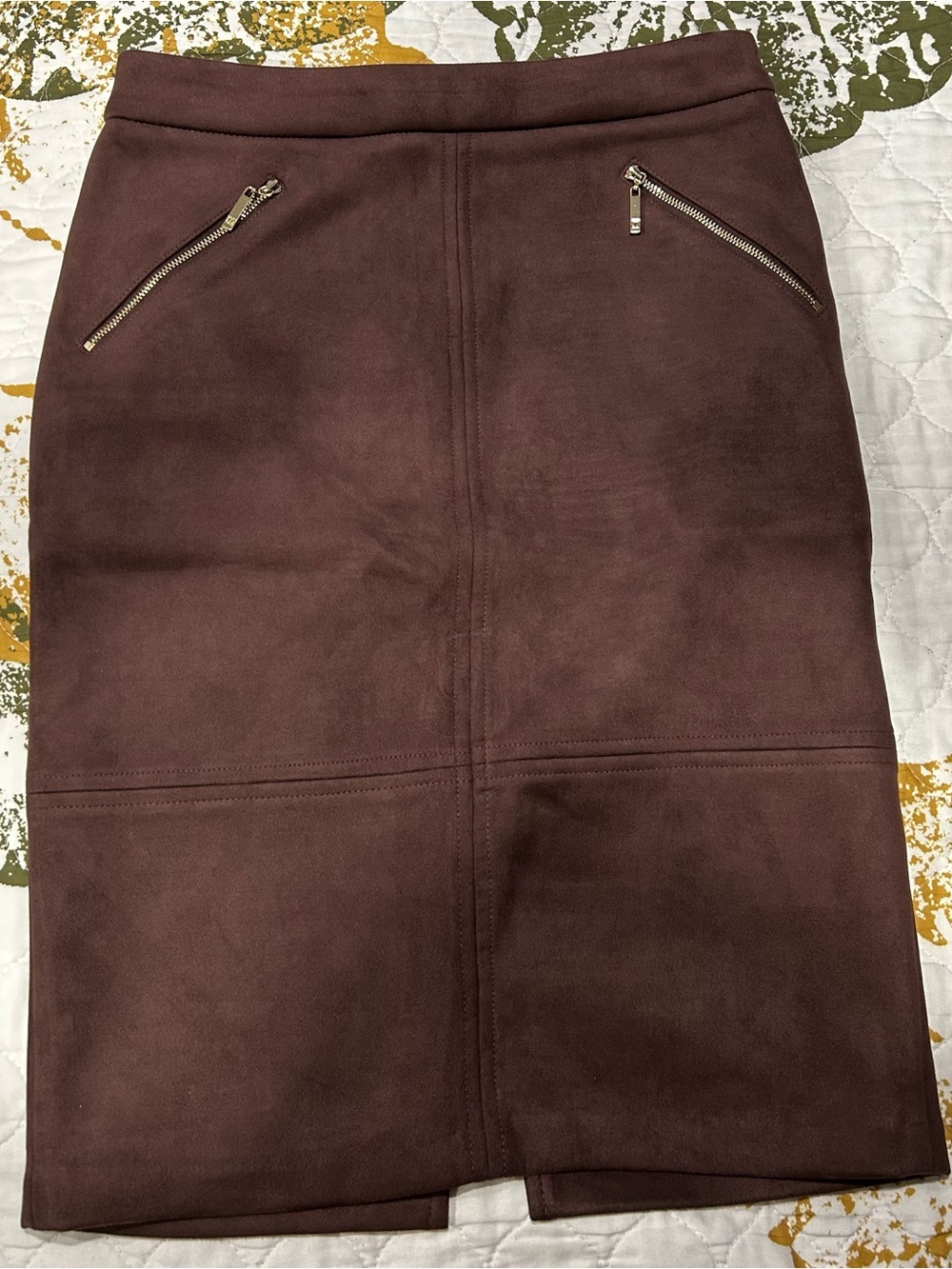Ivanka Trump Brown Suede Pencil Skirt with Gold Zippers